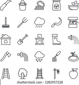 Thin Line Icon Set - garden fork vector, shovel, farm, rake, ladder, tree, bucket, watering, boot, house, rain, well, hose, sickle, knife, axe, light, fireplace, pond, fertilizer, salad, apple fruit