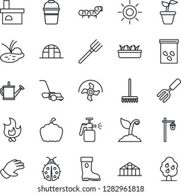 Thin Line Icon Set - garden fork vector, farm, ripper, rake, seedling, watering can, bucket, sproute, glove, boot, lawn mower, lady bug, fire, sun, pumpkin, light, fireplace, greenhouse, seeds, pond