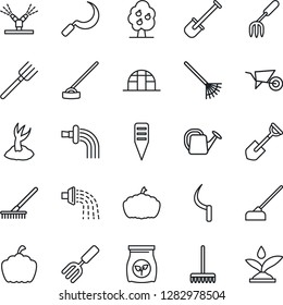 Thin Line Icon Set - garden fork vector, shovel, farm, rake, watering can, wheelbarrow, sproute, hoe, sickle, plant label, pumpkin, greenhouse, fertilizer, fruit tree, irrigation
