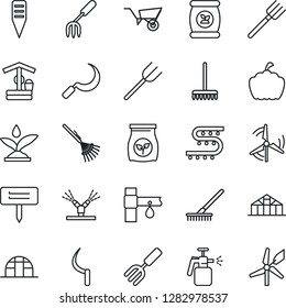 Thin Line Icon Set - garden fork vector, farm, rake, wheelbarrow, well, sickle, plant label, pumpkin, greenhouse, sprayer, fertilizer, drip irrigation, windmill