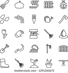 Thin Line Icon Set - garden fork vector, shovel, fence, rake, seedling, watering can, sproute, glove, boot, lady bug, water drop, well, hose, sickle, axe, plant label, pumpkin, light, seeds, tulip