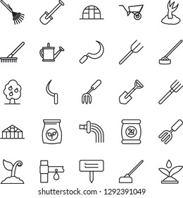Thin Line Icon Set - garden fork vector, shovel, farm, rake, watering can, wheelbarrow, sproute, hoe, sickle, plant label, greenhouse, fertilizer, drip irrigation, fruit tree