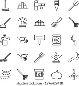 Thin Line Icon Set - garden fork vector, farm, rake, wheelbarrow, well, hoe, sickle, plant label, pumpkin, greenhouse, sprayer, fertilizer, drip irrigation, windmill