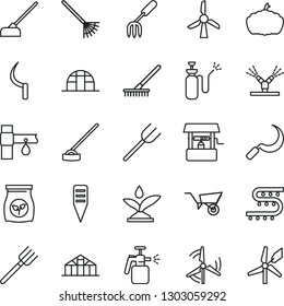 Thin Line Icon Set - garden fork vector, farm, rake, wheelbarrow, well, hoe, sickle, plant label, pumpkin, greenhouse, sprayer, fertilizer, drip irrigation, windmill