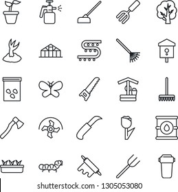 Thin Line Icon Set - garden fork vector, farm, ripper, rake, seedling, tree, sproute, saw, butterfly, well, hoe, knife, axe, greenhouse, seeds, caterpillar, bird house, sprayer, drip irrigation