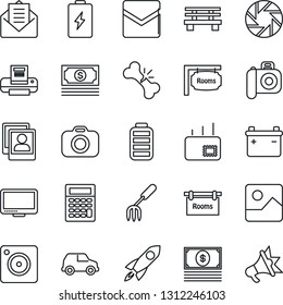 Thin Line Icon Set - garden fork vector, bench, broken bone, cash, camera, monitor, battery, mail, mobile, gallery, photo, printer, rooms, rocket, calculator, car, advertising