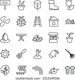 Thin Line Icon Set - garden fork vector, rake, ladder, seedling, tree, watering, sproute, glove, boot, lady bug, house, water drop, sun, well, plant label, seeds, picnic table, bird, drip irrigation