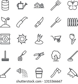 Thin Line Icon Set - garden fork vector, farm, fence, rake, tree, watering can, wheelbarrow, bucket, sproute, pruner, butterfly, sun, hoe, knife, axe, tulip, oil barrel, house with, rolling pin