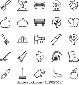 Thin Line Icon Set - garden fork vector, rake, tree, sproute, glove, boot, saw, lawn mower, butterfly, fire, sun, hose, knife, bench, pumpkin, greenhouse, drip irrigation, ripper, fruit, apple