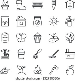 Thin Line Icon Set - garden fork vector, rake, seedling, tree, bucket, sproute, boot, butterfly, fire, house, sun, well, axe, plant label, bench, light, fireplace, seeds, pond, bird, sprayer