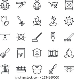 Thin Line Icon Set - garden fork vector, rake, wheelbarrow, sproute, pruner, butterfly, lady bug, fire, seedling, water drop, sun, well, hoe, plant label, seeds, bird house, fertilizer, ripper