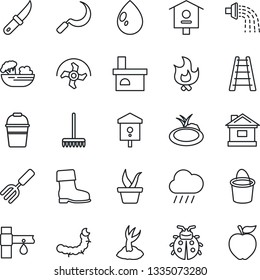 Thin Line Icon Set - garden fork vector, ripper, rake, ladder, seedling, bucket, watering, sproute, boot, lady bug, fire, house, water drop, rain, sickle, knife, fireplace, caterpillar, pond, bird
