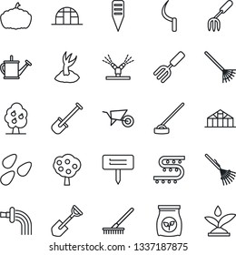 Thin Line Icon Set - garden fork vector, shovel, rake, watering can, wheelbarrow, sproute, hoe, sickle, plant label, pumpkin, greenhouse, seeds, fertilizer, drip irrigation, fruit tree