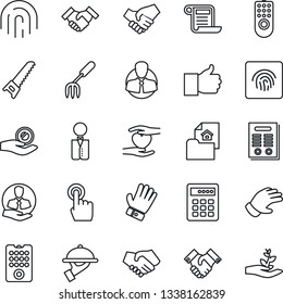 Thin Line Icon Set - garden fork vector, glove, saw, heart hand, client, touch screen, finger up, fingerprint id, handshake, contract, estate document, waiter, remote control, combination lock