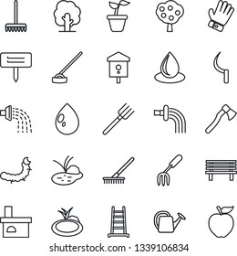 Thin Line Icon Set - garden fork vector, farm, rake, ladder, seedling, tree, watering can, glove, water drop, hoe, sickle, axe, plant label, bench, fireplace, caterpillar, pond, bird house, fruit