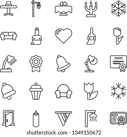 Thin Line Icon Set - garden light vector, heart, tulip, themes, bell, sertificate, desk lamp, cushioned furniture, restaurant table, candle, snowflake, outdoor, door, pennon, certificate