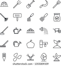 Thin Line Icon Set - garden fork vector, shovel, farm, rake, watering can, wheelbarrow, sproute, hoe, sickle, plant label, pumpkin, greenhouse, seeds, fertilizer, drip irrigation, fruit tree