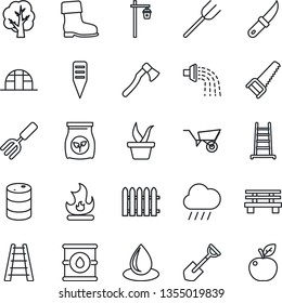 Thin Line Icon Set - garden fork vector, shovel, farm, fence, ladder, seedling, tree, wheelbarrow, watering, boot, saw, fire, water drop, rain, knife, axe, plant label, bench, light, greenhouse
