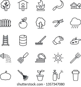 Thin Line Icon Set - garden fork vector, farm, fence, rake, ladder, seedling, tree, watering, pruner, glove, fire, sun, rain, hose, sickle, pumpkin, bird house, sprayer, oil barrel, with, pond