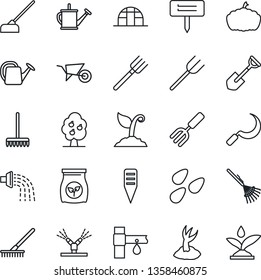 Thin Line Icon Set - garden fork vector, shovel, farm, rake, watering can, wheelbarrow, sproute, hoe, sickle, plant label, pumpkin, greenhouse, seeds, fertilizer, drip irrigation, fruit tree