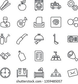 Thin Line Icon Set - garden knife vector, sprayer, blood test vial, ambulance car, doctor, sim, fingerprint id, music, clock, paper tray, hierarchy, handshake, stapler, children room, washer, waiter