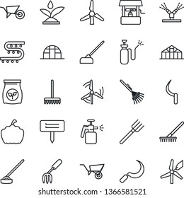 Thin Line Icon Set - garden fork vector, farm, rake, wheelbarrow, well, hoe, sickle, plant label, pumpkin, greenhouse, sprayer, fertilizer, drip irrigation, windmill