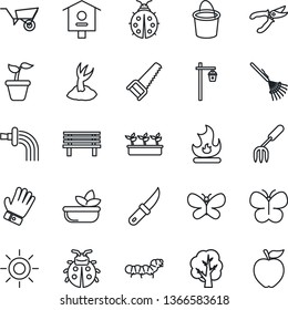 Thin Line Icon Set - garden fork vector, rake, seedling, tree, wheelbarrow, bucket, watering, sproute, pruner, glove, saw, butterfly, lady bug, fire, sun, knife, bench, light, caterpillar, salad