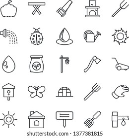 Thin Line Icon Set - garden fork vector, farm, watering can, glove, saw, lawn mower, butterfly, lady bug, house, water drop, sun, axe, plant label, pumpkin, light, fireplace, greenhouse, bird