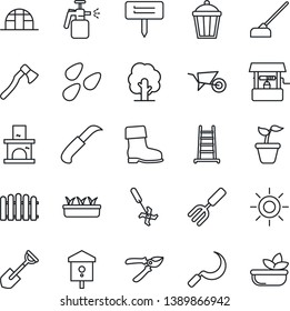 Thin Line Icon Set - garden fork vector, shovel, fence, ladder, seedling, tree, wheelbarrow, pruner, boot, sun, well, hoe, sickle, knife, axe, plant label, light, fireplace, greenhouse, seeds, salad