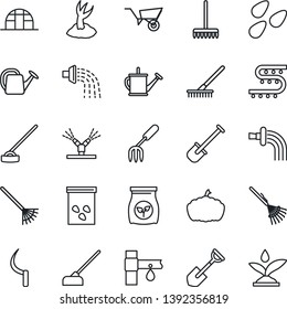 Thin Line Icon Set - garden fork vector, shovel, rake, watering can, wheelbarrow, sproute, hoe, sickle, pumpkin, greenhouse, seeds, fertilizer, drip irrigation
