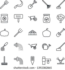Thin Line Icon Set - garden fork vector, shovel, farm, rake, watering can, wheelbarrow, hoe, sickle, plant label, pumpkin, greenhouse, fertilizer, drip irrigation, fruit tree
