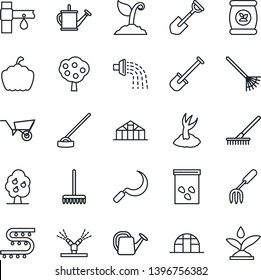 Thin Line Icon Set - garden fork vector, shovel, rake, watering can, wheelbarrow, sproute, hoe, sickle, pumpkin, greenhouse, seeds, fertilizer, drip irrigation, fruit tree