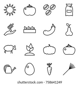 Thin line icon set : gas oven, tomato, coffee seeds, flour, harvest, seedling, eggplant, pear, sheep, sprouting, pumpkin, watering can, egg, carrot, rake