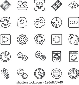 Thin Line Icon Set - gear vector, circle chart, stamp, pills blister, fast forward, update, record, eye id, pie graph, washer, flower in pot, omelette, clock
