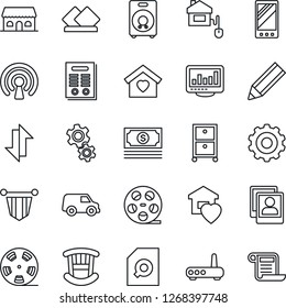 Thin Line Icon Set - gear vector, pennant, cash, reel, speaker, mobile, data exchange, photo gallery, monitor statistics, document search, archive box, pencil, contract, children room, sweet home