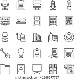 Thin Line Icon Set - gear vector, contract, office building, chair, abacus, document, bulb, job, monitor pulse, phone, clipboard, radio, calculator, folder, presentation board, identity card, stamp