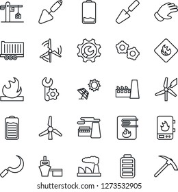 Thin Line Icon Set - gear vector, factory, trowel, glove, sickle, truck trailer, sea port, flammable, battery, low, root setup, windmill, crane, water heater, sun panel, hard work