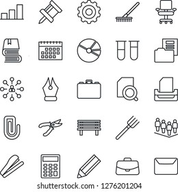 Thin Line Icon Set - gear vector, hierarchy, case, team, farm fork, rake, pruner, bench, blood test vial, calendar, drawing pin, paper clip, bar graph, pie, document folder, search, calculator, tray