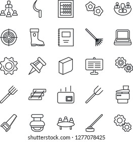 Thin Line Icon Set - gear vector, meeting, farm fork, rake, boot, saw, hoe, sickle, settings, copybook, company, presentation board, drawing pin, abacus, blank box, target, paper tray, notebook pc