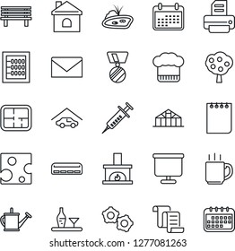 Thin Line Icon Set - gear vector, contract, mail, medal, notepad, printer, watering can, house, bench, greenhouse, syringe, coffee, presentation board, abacus, pond, fruit tree, garage, plan, cheese