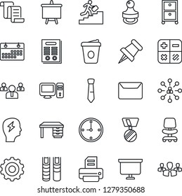Thin Line Icon Set - gear vector, contract, hierarchy, office chair, calculator, team, medal, desk, presentation board, coffee, brainstorm, printer, paper pin, calendar, clock, tie, archive box, pc