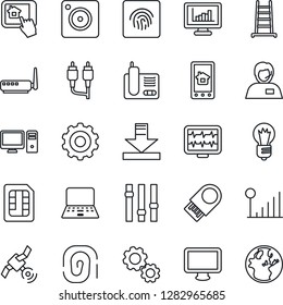 Thin Line Icon Set - gear vector, notebook pc, bulb, ladder, monitor pulse, support, satellite, settings, radio phone, rca, mobile camera, sim, download, fingerprint id, cellular signal, statistics