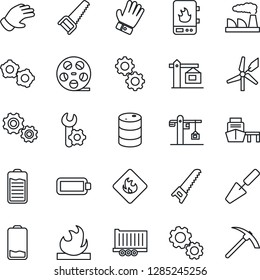 Thin Line Icon Set - gear vector, factory, trowel, glove, saw, truck trailer, sea port, flammable, oil barrel, reel, battery, low, root setup, crane, water heater, windmill, hard work