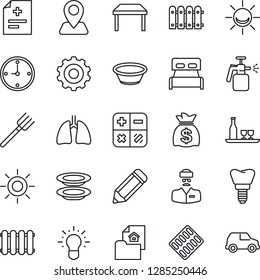 Thin Line Icon Set - gear vector, calculator, money bag, pencil, farm fork, sun, garden sprayer, diagnosis, pills blister, lungs, implant, doctor, navigation, clock, fence, estate document, bedroom