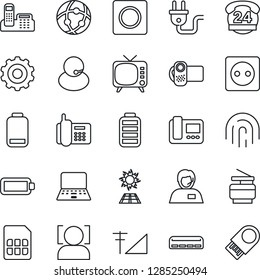 Thin Line Icon Set - gear vector, notebook pc, office phone, 24 hours, support, tv, video camera, battery, low, record, sim, network, face id, fingerprint, cellular signal, copier, air conditioner
