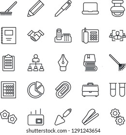 Thin Line Icon Set - gear vector, hierarchy, trowel, rake, blood test vial, clipboard, case, copybook, paper clip, pie graph, hr, abacus, ink pen, office phone, notebook pc, pencil, handshake, stamp