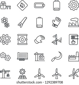 Thin Line Icon Set - gear vector, factory, glove, saw, sickle, truck trailer, sea port, flammable, oil barrel, low battery, root setup, sun panel, windmill, crane, water heater