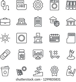 Thin Line Icon Set - gear vector, coffee, statistic monitor, sproute, sun, fireplace, dropper, pills bottle, patch, no trolley, record, sd, sertificate, clipboard, case, news, paper binder, panel