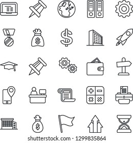 Thin Line Icon Set - gear vector, office building, dollar sign, calculator, binder, medal, graduate, notebook pc, money bag, drawing pin, manager place, printer, mobile tracking, arrow up graph