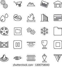 Thin Line Icon Set - gear vector, office building, pennant, wheelbarrow, eye, term, container, fragile, warehouse, flammable, barcode, reel, pause button, stop, folder, mountains, salad, snowflake